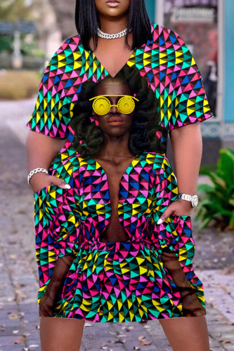Multicolor Casual Print Patchwork V Neck Short Sleeve Dress