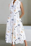 White Grey Casual Print Patchwork Buttons Fold Mandarin Collar A Line Dresses