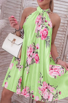 Gräsgrön Casual Elegant Print Patchwork O-hals raka klänningar
