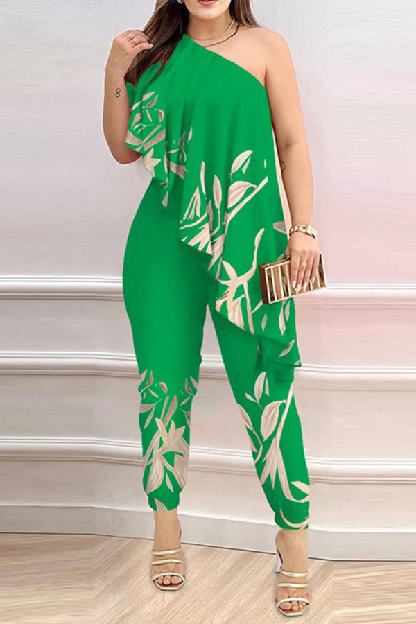 Green Sexy Print Patchwork Flounce Oblique Collar Skinny Jumpsuits