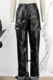 Pantalones de color sólido rectos de cintura alta regular con bolsillo de patchwork sólido de calle negro