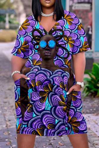 Purple Casual Print Patchwork V Neck Short Sleeve Dress