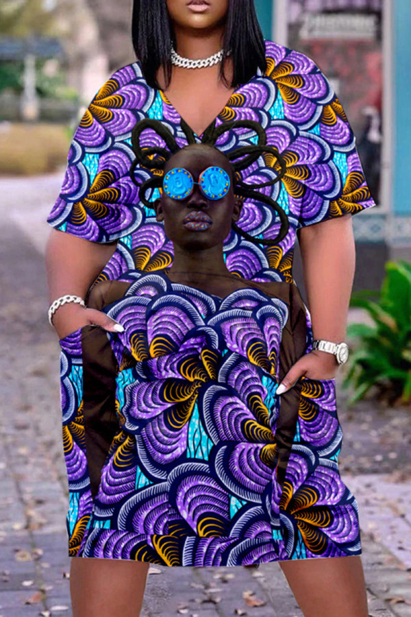 Пурпурное повседневное платье с коротким рукавом и V-образным вырезом в стиле пэчворк с принтом