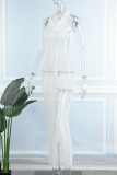Witte sexy effen uitgeholde doorzichtige rugloze halter lange jurkjurken