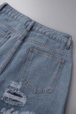 Blaue, lässige, solide, zerrissene Patchwork-Jeansshorts mit hoher Taille und normaler Länge