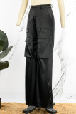 Schwarze, lässige, solide Patchwork-Tasche mit hoher Taille, gerade, einfarbige Unterteile