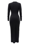 Black Casual Solid Hollowed Out Slit O Neck Long Sleeve Dresses