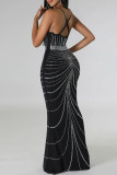 Black Sexy Formal Patchwork Hot Drilling Backless Spaghetti Strap Long Dress Dresses