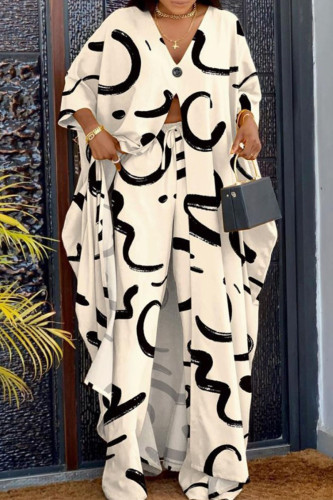 Black And White Casual Street Floral Buttons Slit V Neck Half Sleeve Two Pieces