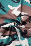 Verde militar estampa casual patchwork fenda o pescoço manga curta duas peças