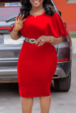 Красные повседневные однотонные платья в стиле пэчворк с поясом и круглым вырезом