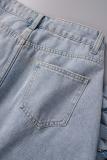 Pantaloncini di jeans regolari a vita alta con patchwork strappati con nappe casual blu