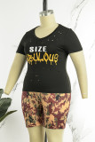 Black Brown Casual Street Print Ripped Patchwork V Neck Plus Size Two Pieces