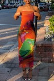 Colour Sexy Casual Print Backless Strapless Long Dress Dresses
