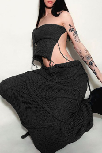 Black Sexy Solid Bandage Hollowed Out Patchwork Backless Asymmetrical Strapless Sleeveless Two Pieces