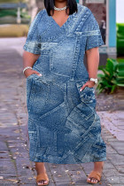 Синее повседневное платье с коротким рукавом и V-образным вырезом в стиле пэчворк с принтом