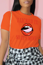 Orange Street Daily Lips Impreso Patchwork Letra O Cuello Camisetas
