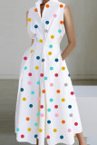 White Blue Red Casual Print Patchwork Buttons Fold Mandarin Collar A Line Dresses
