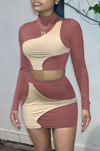 Burgundy Casual Street Solid Patchwork Contrast Half A Turtleneck Long Sleeve Two Pieces