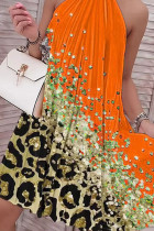 Mandarinenrotes, lässiges Patchwork-Kleid mit Falten und O-Ausschnitt in A-Linie