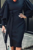 Vestidos de saia única com decote em bico preto casual bandagem sólida