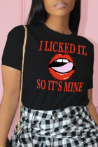 Schwarze Street Daily Lips bedruckte Patchwork-T-Shirts mit O-Ausschnitt und Buchstaben