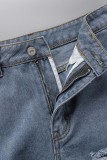 Blaue, lässige, solide, zerrissene Patchwork-Jeansshorts mit hoher Taille und normaler Länge