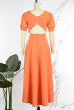 Абрикосовое повседневное однотонное платье в стиле пэчворк с круглым вырезом и коротким рукавом Платья