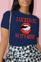 T-shirt blu navy Street Daily Lips stampata patchwork lettera O collo