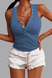 Blue Casual Street Solid Buttons V Neck Tops