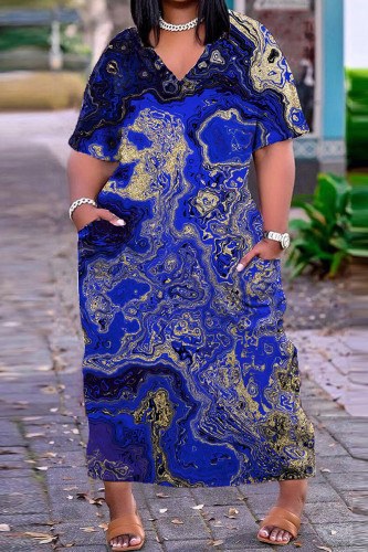 Dark Blue Casual Print Patchwork V Neck Short Sleeve Dress