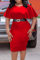 Rotes, lässiges, einfarbiges Patchwork-Kleid mit Gürtel, O-Ausschnitt und einstufigem Rock