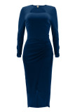 Blue Casual Solid Hollowed Out Slit O Neck Long Sleeve Dresses