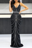 Black Sexy Formal Patchwork Hot Drilling Backless Spaghetti Strap Long Dress Dresses