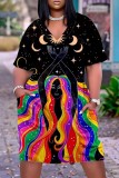 Black Casual Rainbow Print Patchwork Basic V Neck Short Sleeve T-shirt Loose Dress