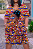 Vestido de manga corta con cuello en V y patchwork con estampado informal multicolor