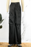 Black Casual Street Solid Patchwork Pocket High Waist Straight Solid Color Bottoms