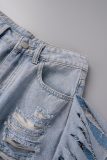 Shorts jeans liso casual azul com borla rasgada patchwork cintura alta