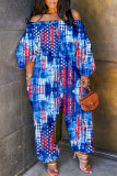 Blue Red Casual Flag Stars Print Off The Shoulder Long Sleeve Wide Leg Jumpsuit