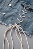 Giacca di jeans regolare a manica lunga con colletto alla rovescia e colletto a punta azzurra
