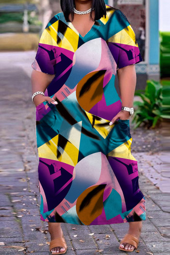 Purple Casual Print Patchwork V Neck Short Sleeve Dress