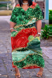 Donkergroene casual print patchwork jurk met V-hals en korte mouwen