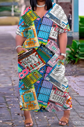 Multicolor Casual Print Patchwork V Neck Short Sleeve Dress