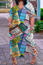Mehrfarbiges, lässiges Patchwork-Kleid mit V-Ausschnitt und kurzen Ärmeln