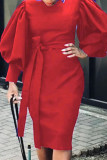 Красные повседневные сплошные повязки в стиле пэчворк с круглым вырезом и юбкой в ​​один шаг Платья