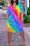 Vestido manga curta estampa casual multicolor patchwork básico decote em V