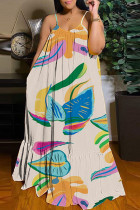 Абрикосовое сексуальное повседневное длинное платье с принтом и открытой спиной на тонких бретелях