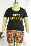 Black Brown Casual Street Print Ripped Patchwork V Neck Plus Size Two Pieces