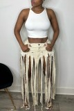 Apricot Casual Solid Tassel Patchwork Regular Mid Waist Conventional Solid Color Skirts