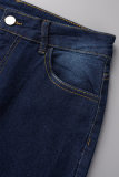 Mittelblaue, lässige, feste, hoch taillierte, dünne Denim-Jeans